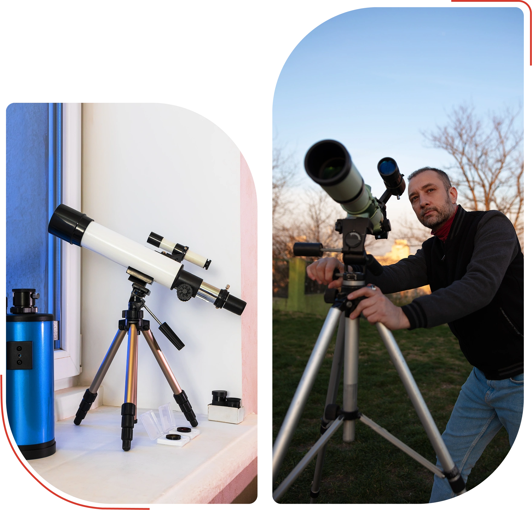 Man setting up telescope outdoors at sunset.