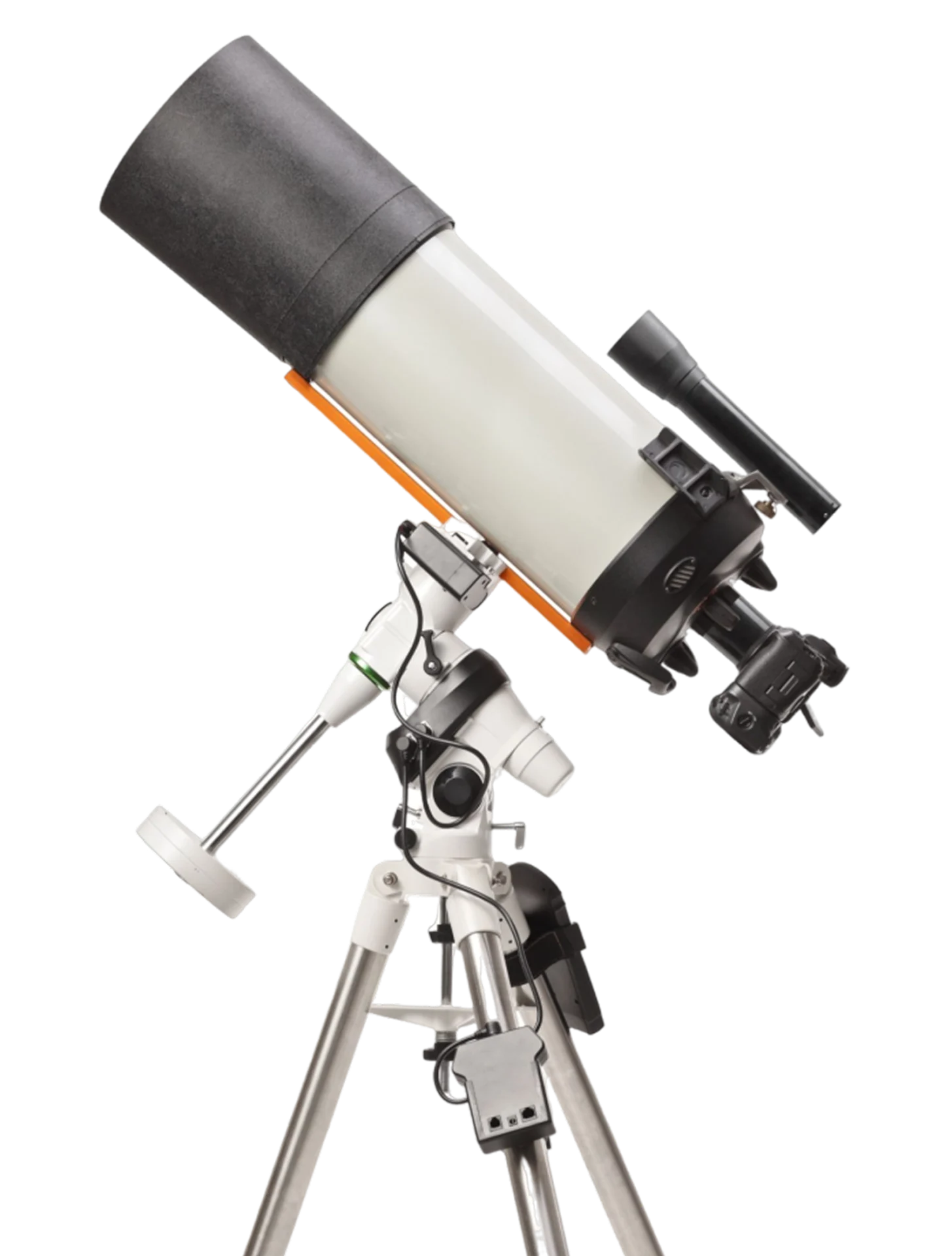 Telescope on tripod against black background.