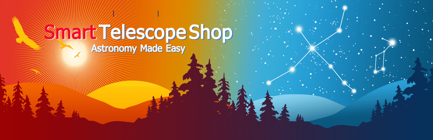 A colorful sky transitions from sunset to night over pine trees with a shooting star, promoting Telescope Shop.