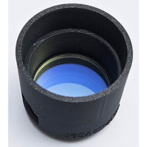 Black camera lens on white background.