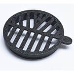 Round black metal drainage cover on white.