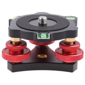 Tripod leveling base with red adjustment knobs.