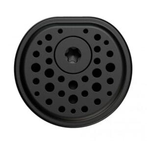 Black circular object with multiple holes.