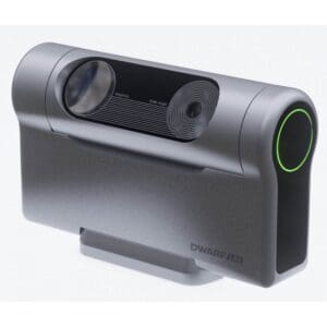 Gray modern telescope with circular design.