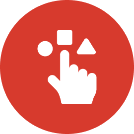 Hand pointing at shapes on red background.