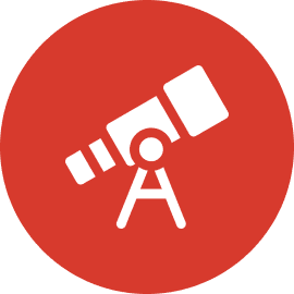 White telescope icon on red circle background.