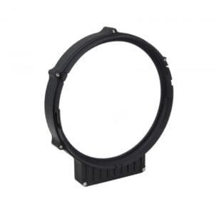 Black circular camera filter holder, isolated background.