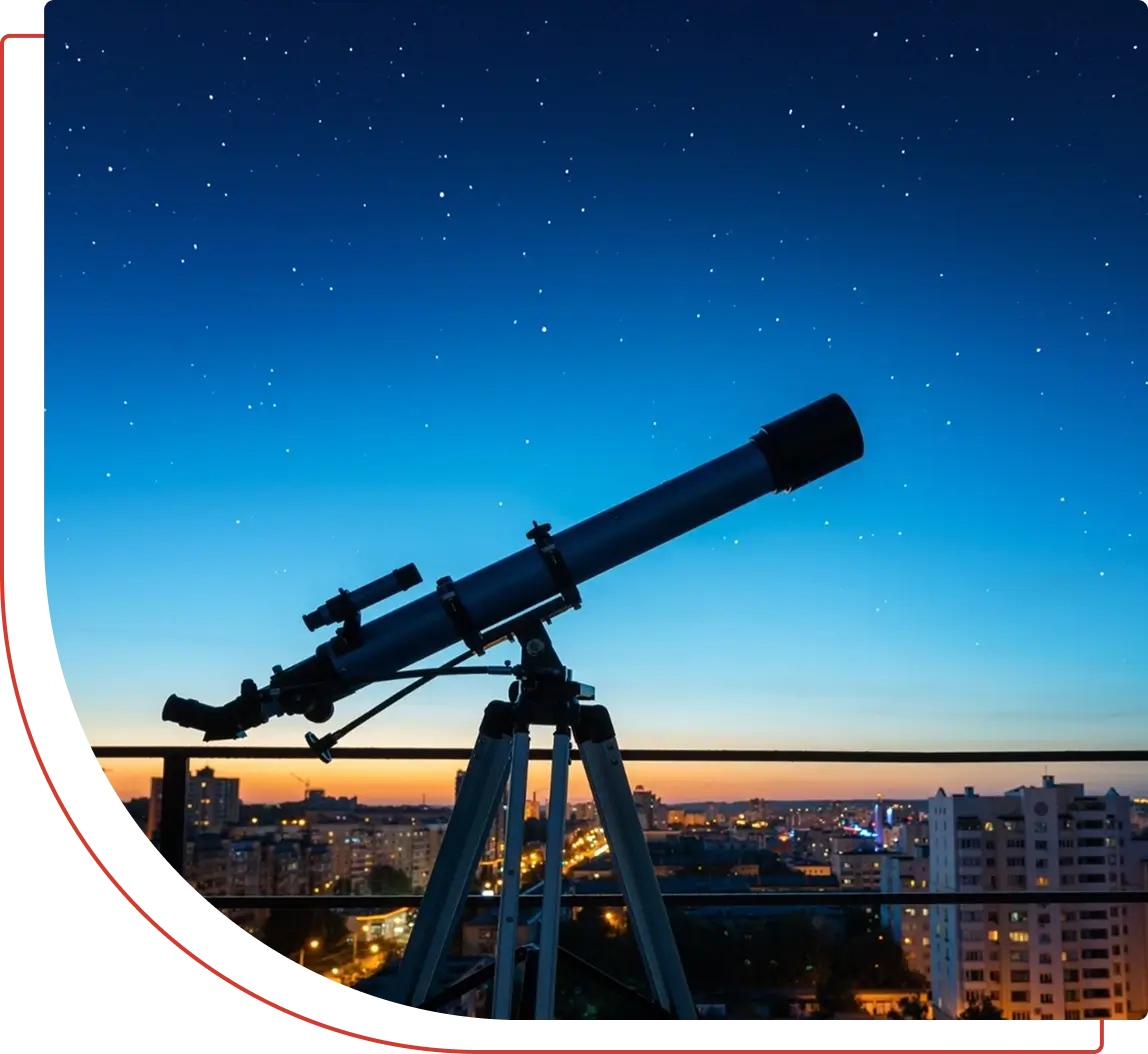 Telescope overlooking cityscape under starry sky.