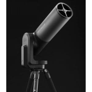 Black telescope on a tripod stand.