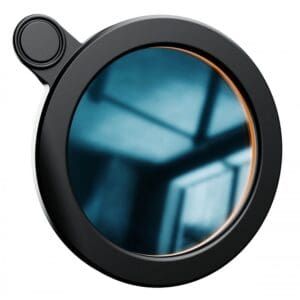 Round lens with blurred blue background.