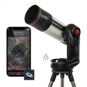 Smart telescope with smartphone and star image.