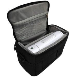 Portable device in black carrying case.