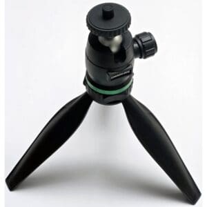Black compact tripod with adjustable head.