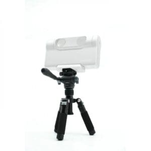 Camera on tripod with handle, white background.