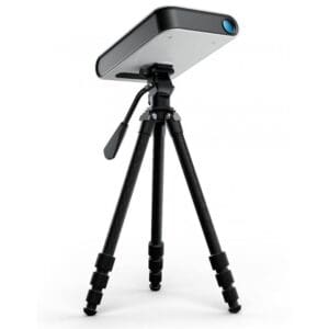Projector on a black adjustable tripod stand.