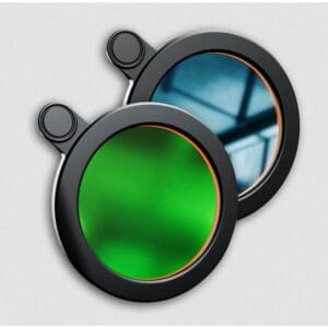 Green and blue circular lens filters.