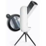 Modern telescope with tripod and lens attachment.