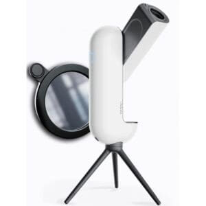 Modern telescope with tripod and lens attachment.