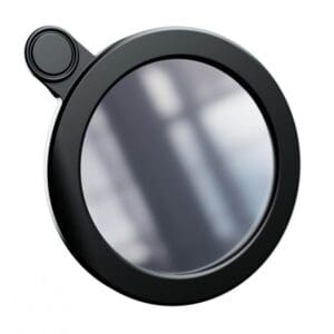 Round mirror with black frame and reflection.