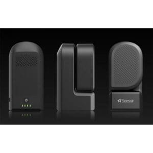 Three black electronic devices on dark background.