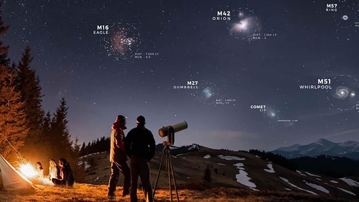 Two people stargazing with a telescope under labeled constellations.