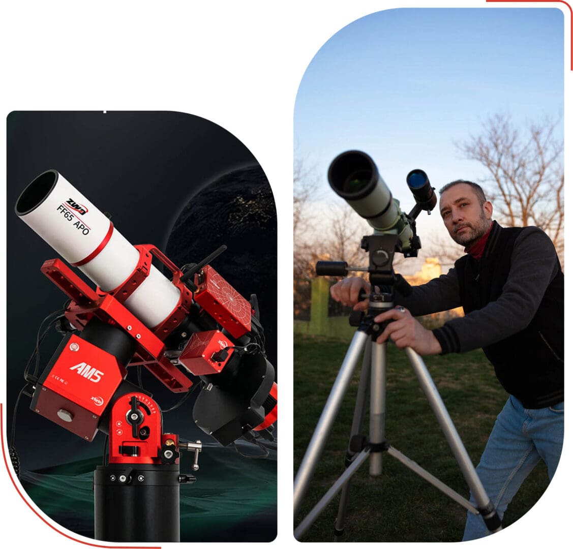 A man using a telescope outdoors against a clear sky.