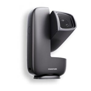 Modern black telescope camera on white background.